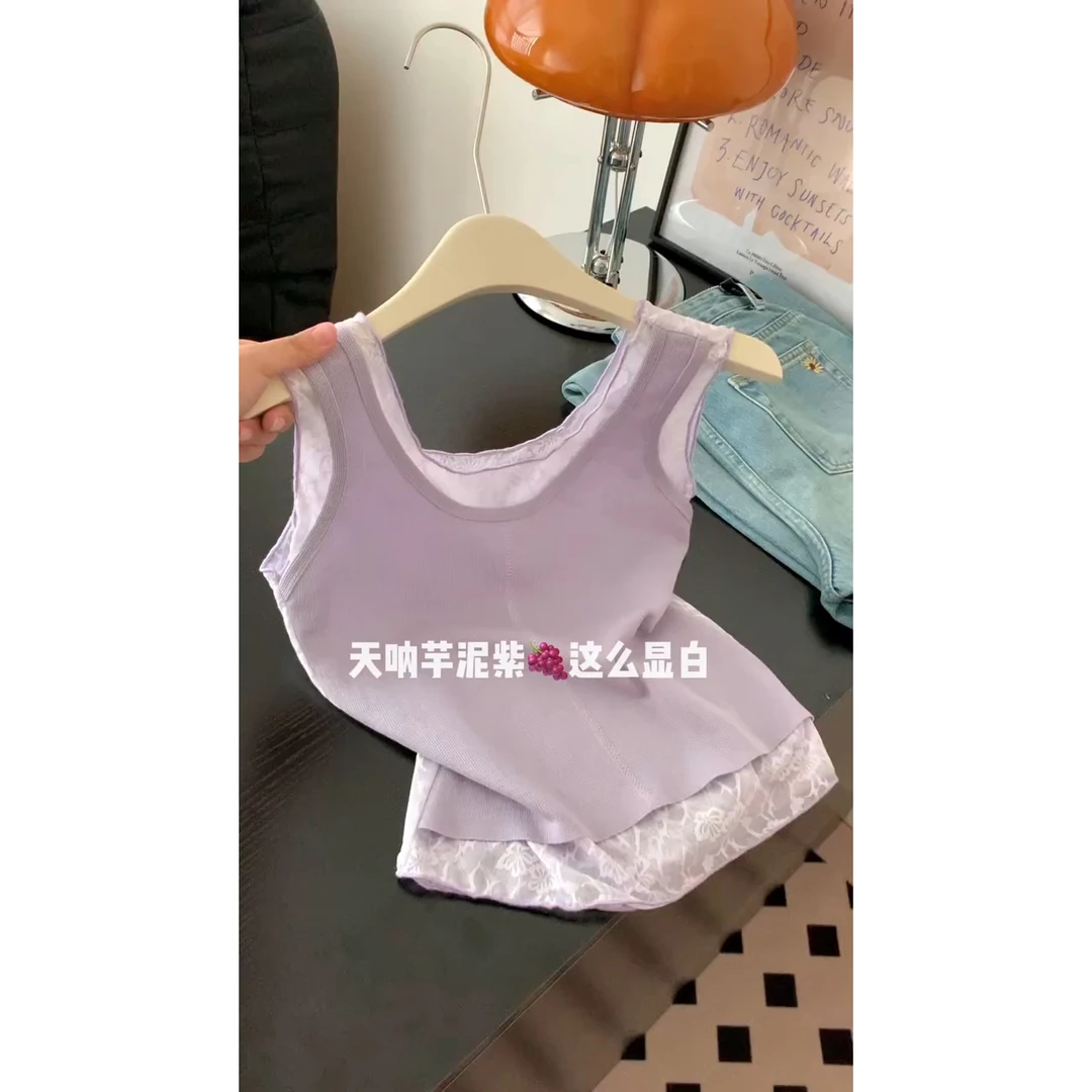 韩系辣妹蕾丝拼接无袖背心女夏季新款外穿纯欲风修身显瘦独特小衫