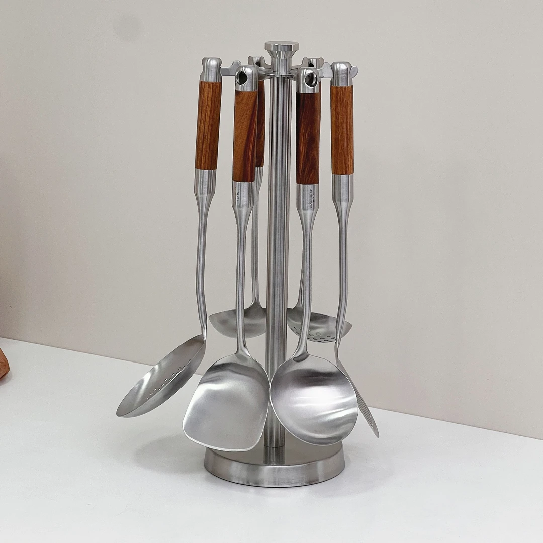 18/10加厚不锈钢厨具套装花梨木柄带收纳架汤勺漏勺锅铲漏铲煎铲