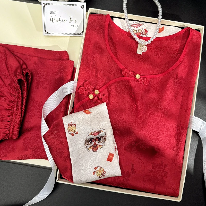 醒狮红色新中式国风睡衣春夏长袖女薄款提花冰丝复古家居服夏季