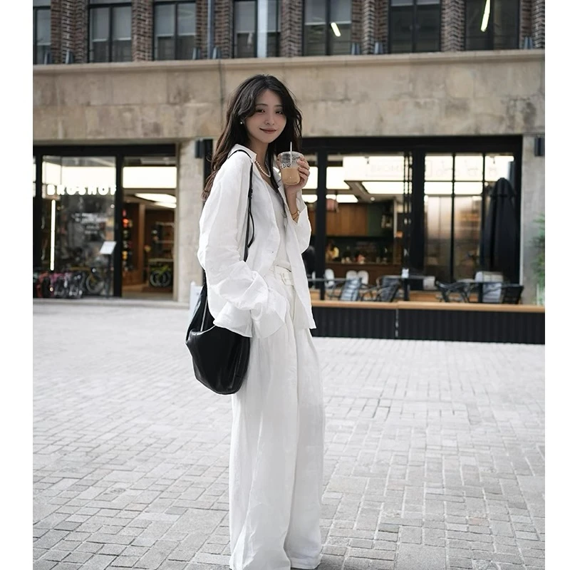 慵懒感夏日巨好看简约白色亚麻套装女2025年防晒衬衫休闲裤一整套