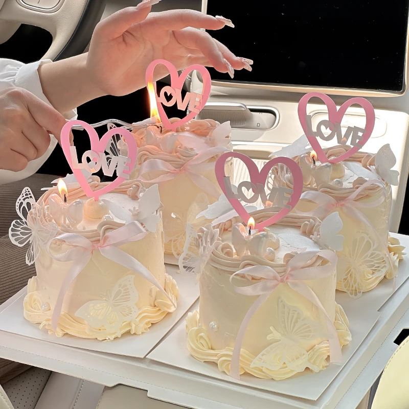 七夕情人节蝴蝶唯美蛋糕装饰品love亚克力插件蝴蝶结蜡烛节日装扮