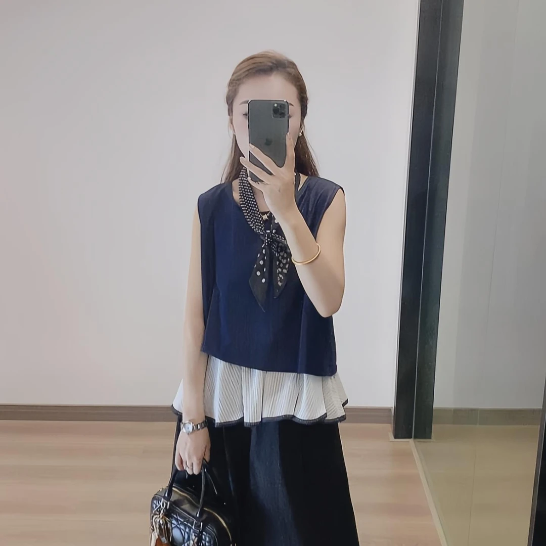 2025新款夏季超火减龄假两件无袖吊带背心女韩系双层下摆衬衣小衫