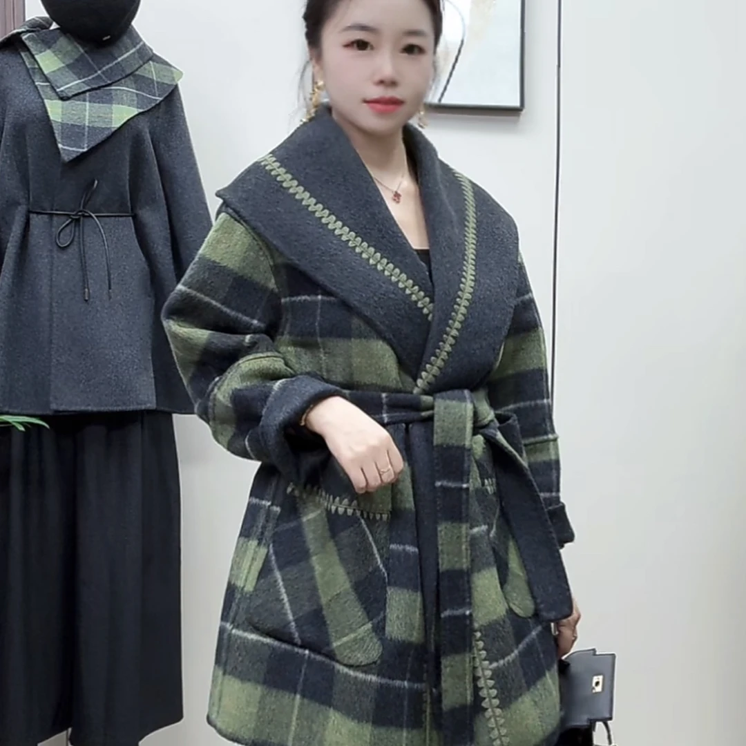 复古休闲双面双穿灰绿格气质女士大衣时尚百搭