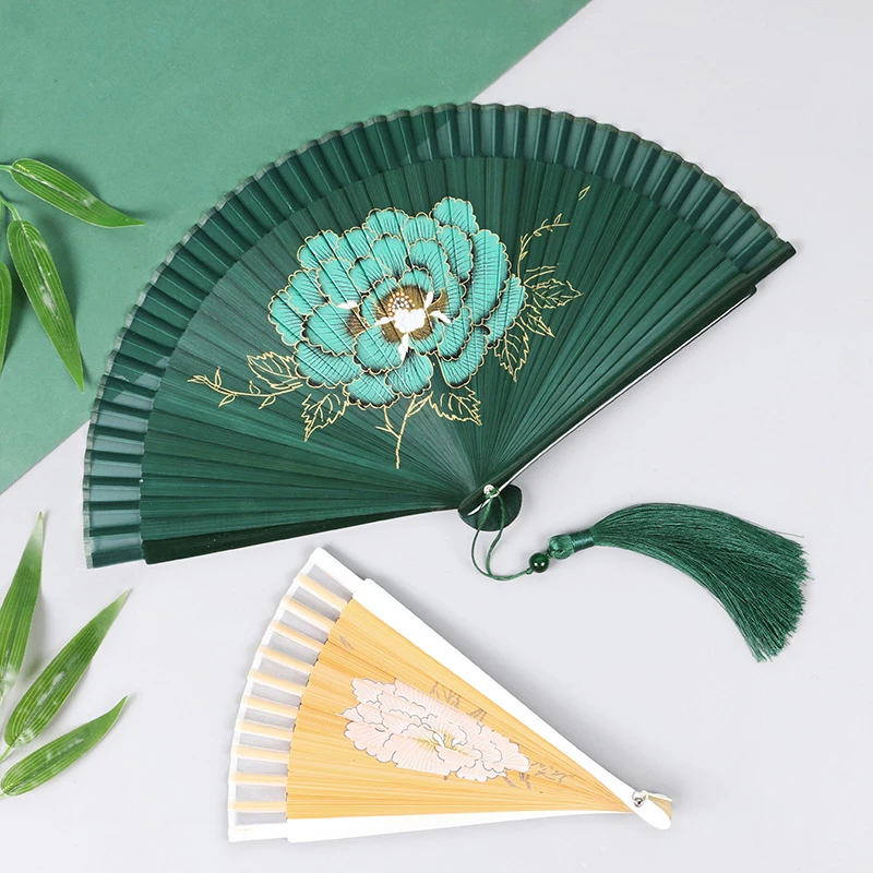 牡丹扇子7寸丝滑女士折扇汉服旗袍扇真丝竹扇折叠夏季舞蹈扇