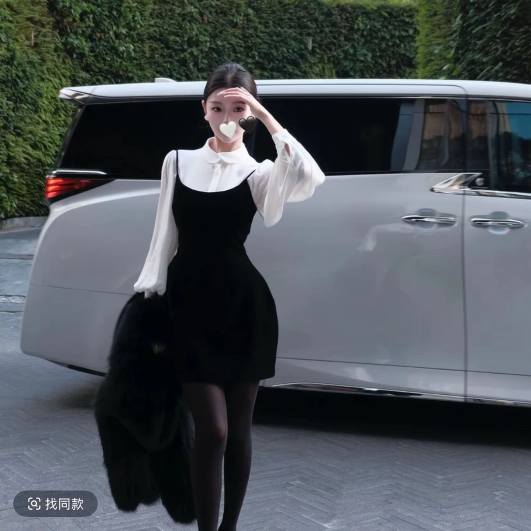 现货～春日部落【柔白黑韵】法式气质衬衫吊带裙套装