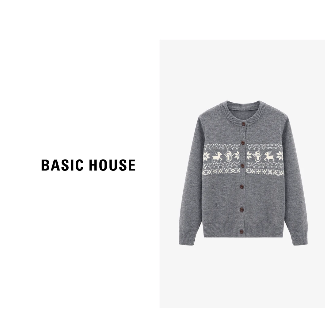 Basic House/百家好圆领休闲提花开衫宽松长袖毛衣-B06245I2162