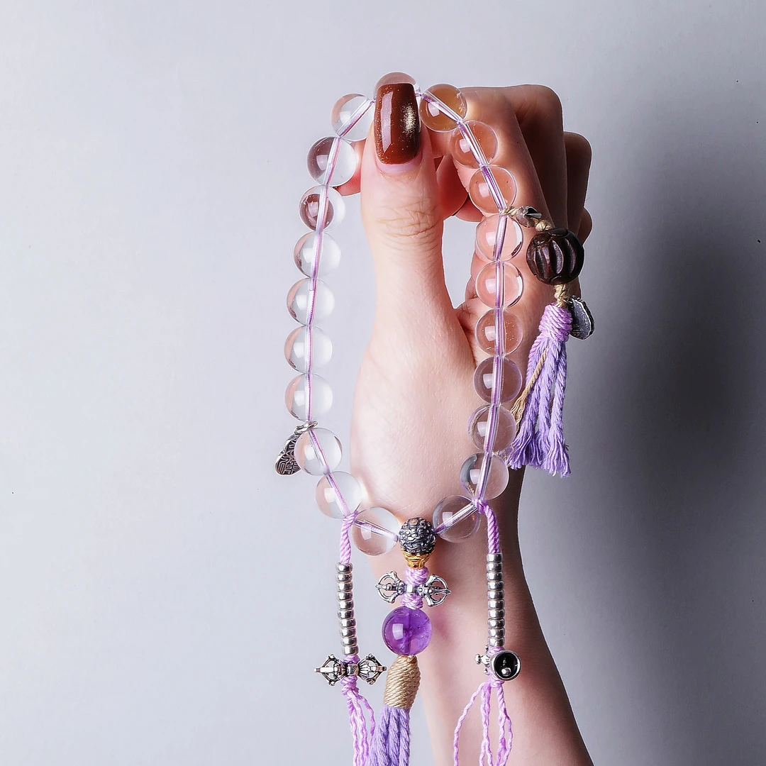 925银手链 大头姐 S10253 祥云杵瓜珠紫绳流苏白水水手链