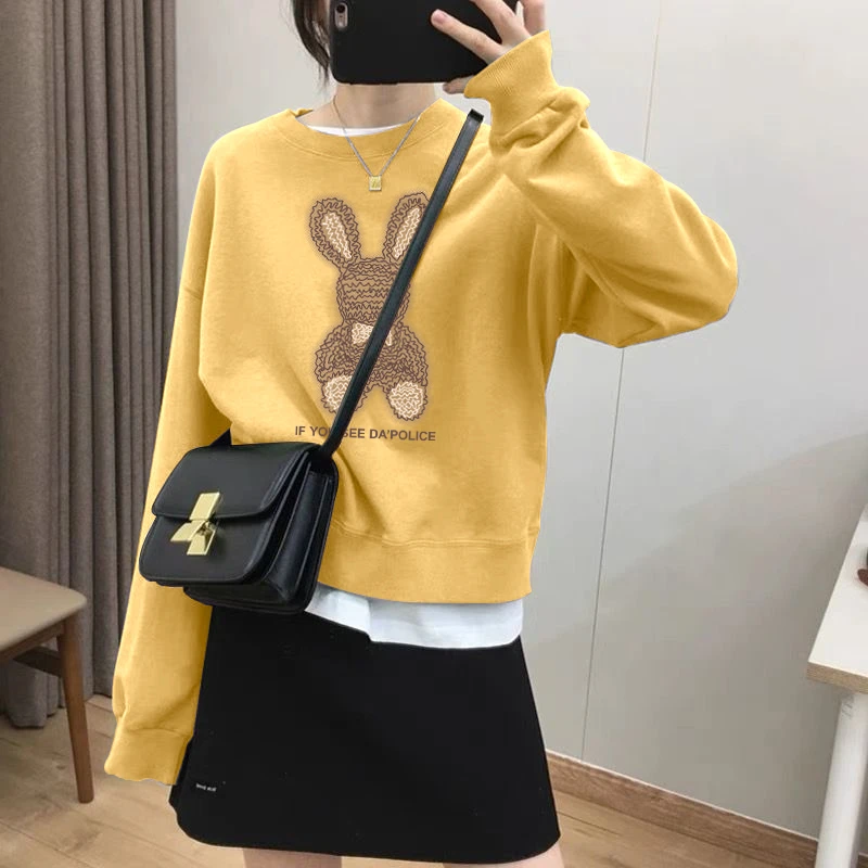 假两件圆领套头短款卫衣女加绒加厚秋冬上衣宽松小个子春秋薄款