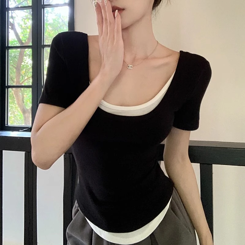 假两件拼接短袖T恤女夏季修身韩版内搭打底衫短款正肩设计感上衣