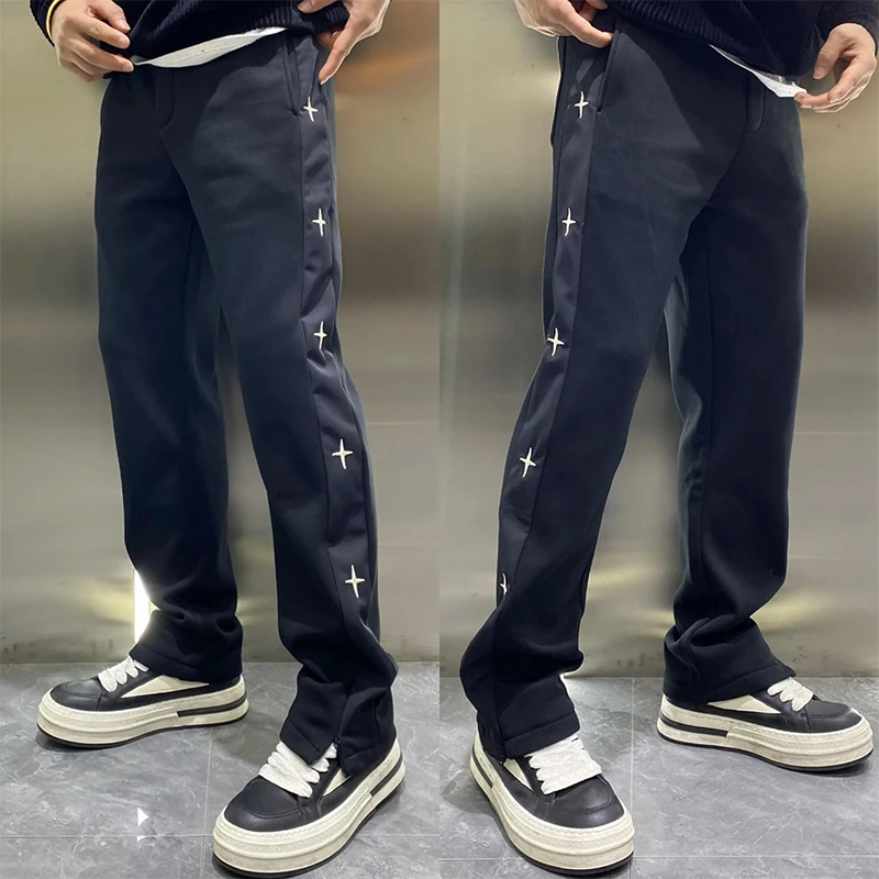 高街潮流宽松休闲裤男士秋冬新款加绒加厚织带直筒卫裤运动哈伦裤