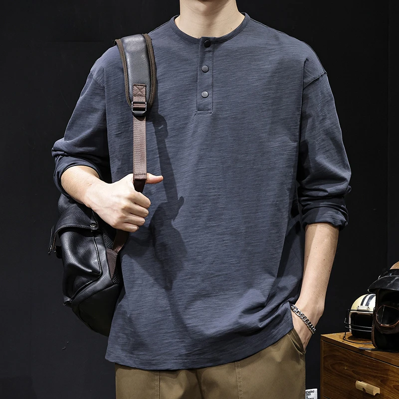 LEIGHZ/雷茨秋季2025新款长袖t恤男士美式复古重磅纯棉宽松亨利领