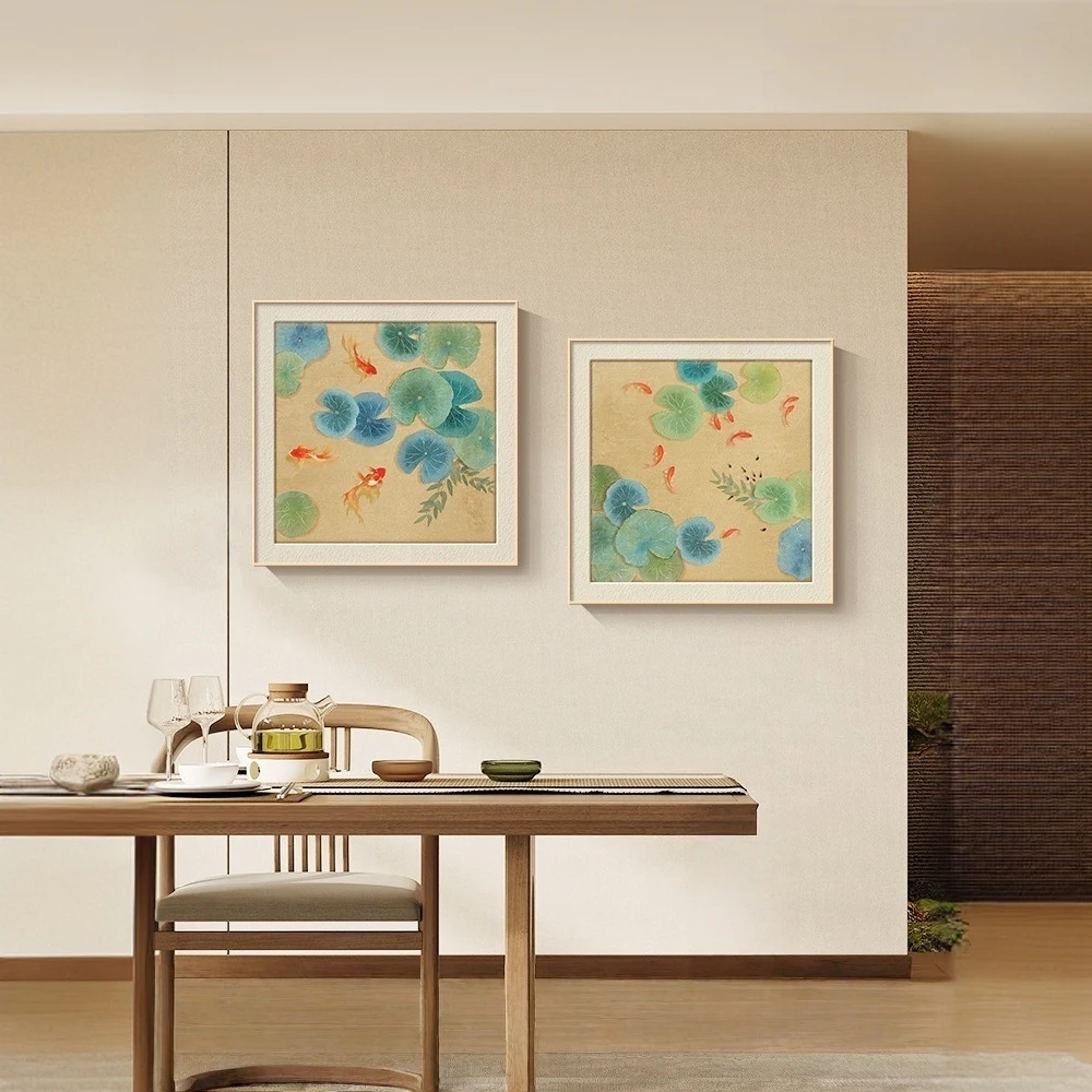 【画为峰】锦鲤挂画餐厅背景墙装饰画方形客厅壁画原木风九鱼图墙画