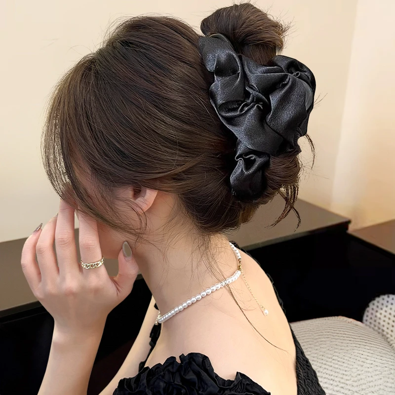 新款褶皱丝质云朵抓夹大号发量多盘发发夹后脑勺盘发发卡夹子头饰