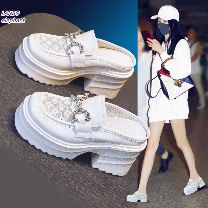 【9厘米】超透气！显高显瘦！显腿长！厚底包头半拖鞋女小香风