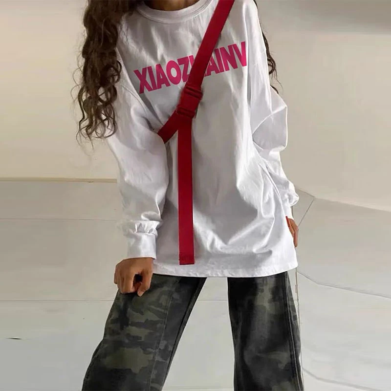 港风chic简约字母印花长袖T恤女春秋季学院风宽松百搭上衣打底衫