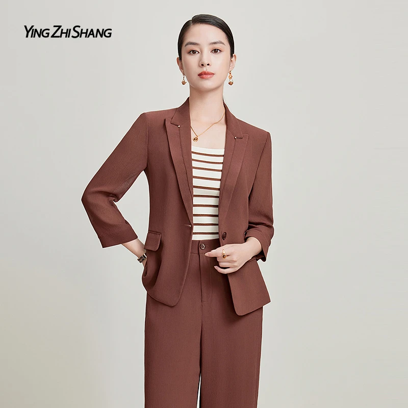 【桑蚕丝100%】赢智尚朱砂红2025夏季新款七分袖显瘦西装女ZA02311