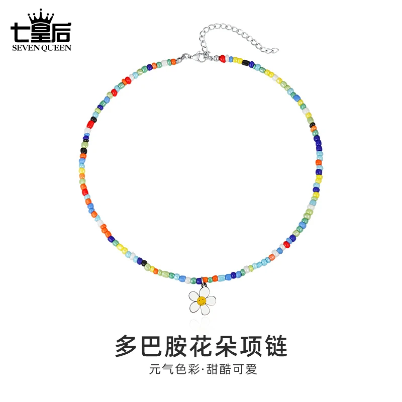 合金玻璃项链 多巴胺彩色项链花朵笑脸锁骨链夏日少女小清新颈链