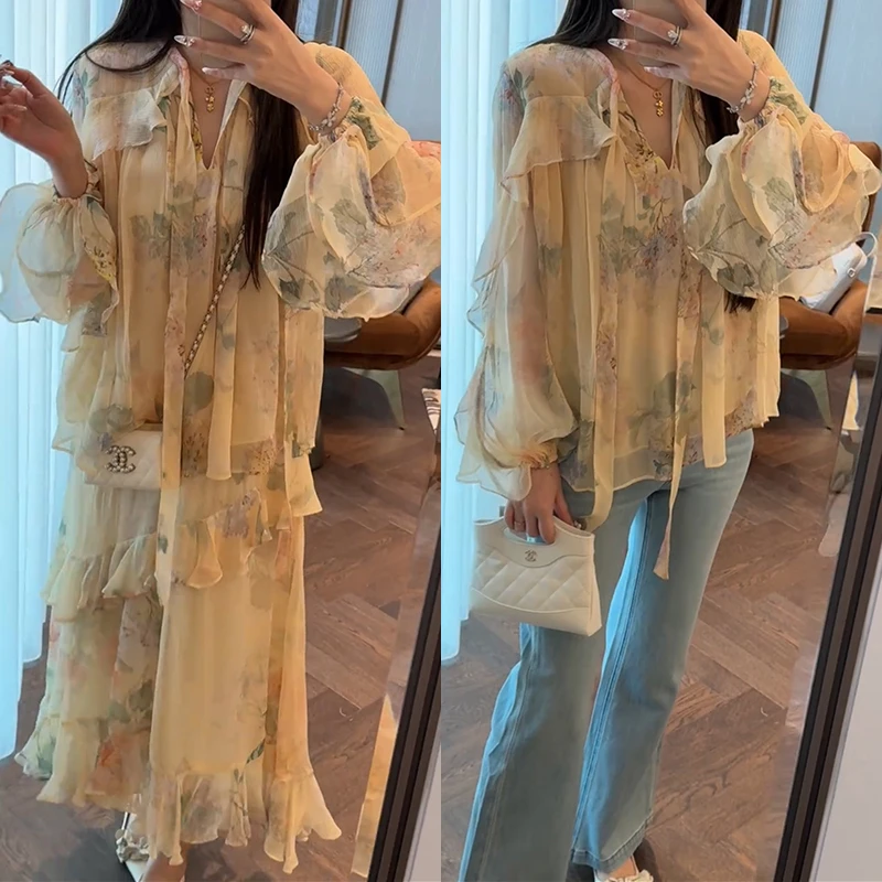 【mimius】&C游鹿鹿 飘逸荷叶花边印花上衣+半身裙 G02175