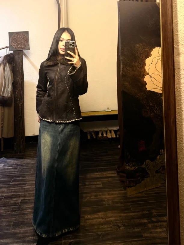 vintage 羊皮 皮毛一体 拼接款嬉皮风