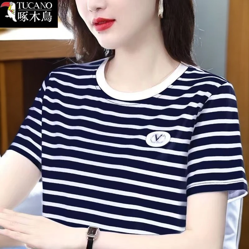 啄木鸟夏季薄款短袖条纹撞色t恤中年女士2025年新款圆领刺绣上衣