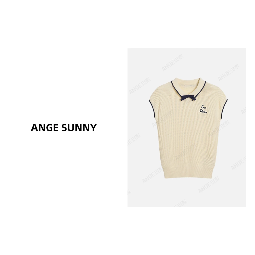 ANGE SUNNY【蝴蝶结针织上衣】华伦家字母刺绣撞色翻领无袖上衣