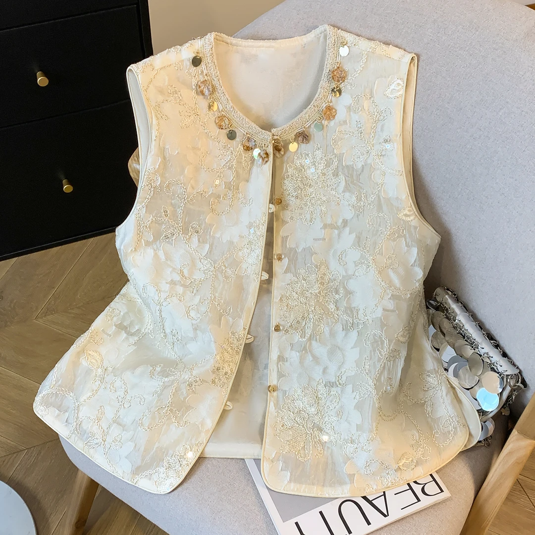 2025夏中式国风重工刺绣贝壳装饰马甲女宽松开叉无袖坎肩上衣