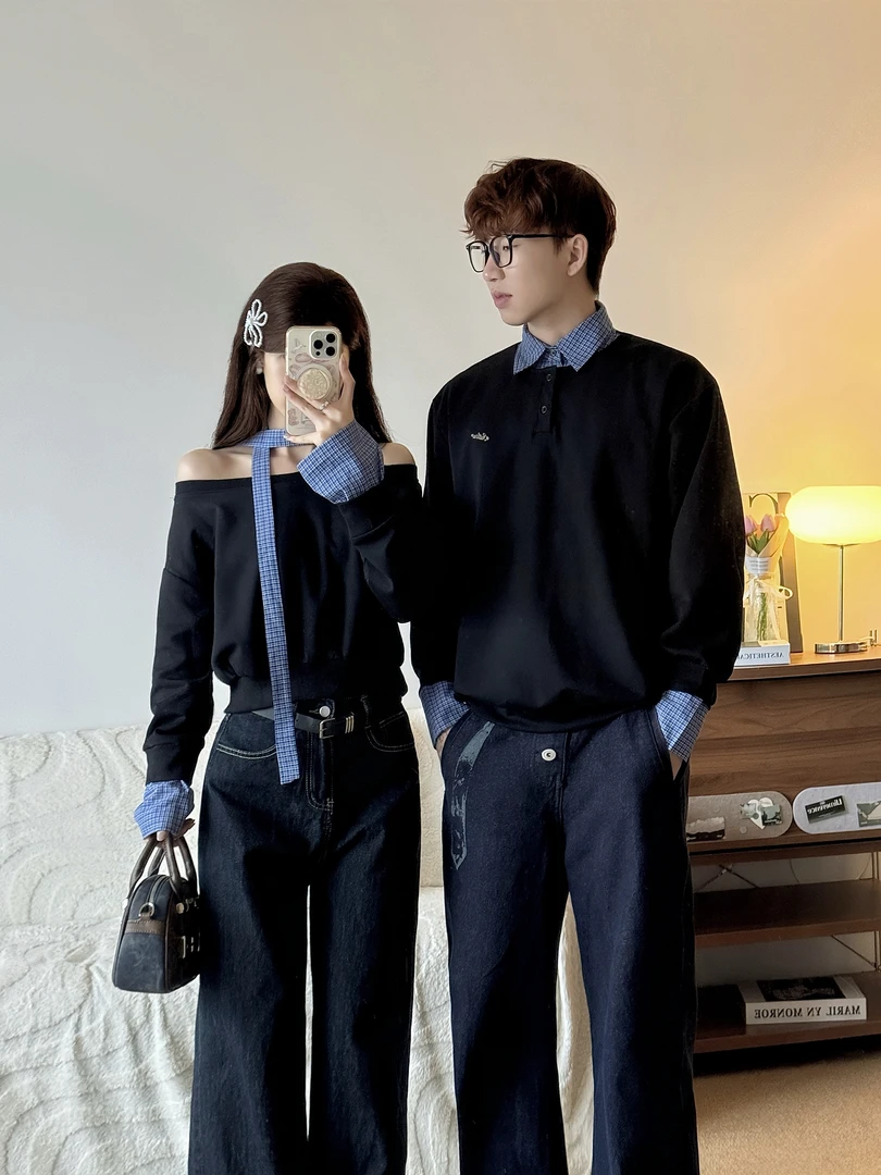 2025秋季情侣装韩系新款时尚圆领慵懒宽松格纹拼接洋气长袖男卫衣