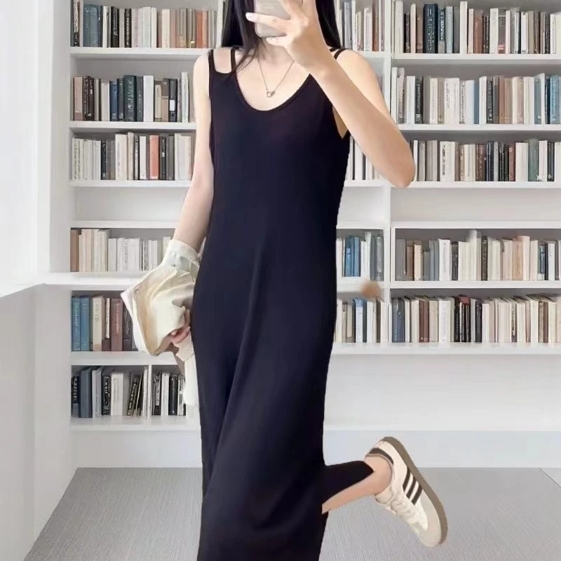 双肩带冰丝吊带黑色夏季薄款醋酸女垂坠打底老钱风松弛感女装贵气