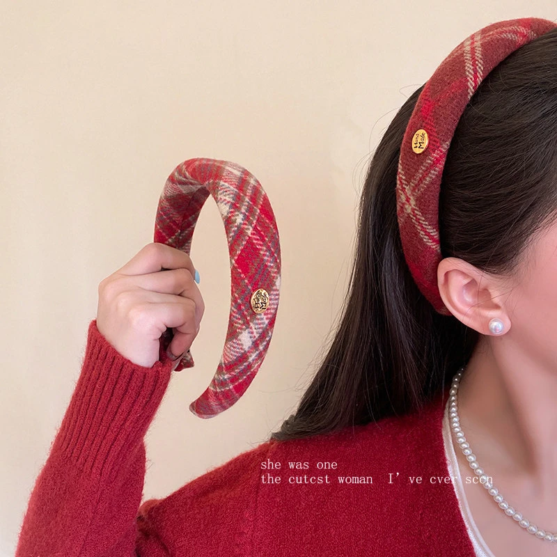 复古新年红色格子金标毛绒发箍女秋冬日常外戴发捆高颅顶百搭头箍