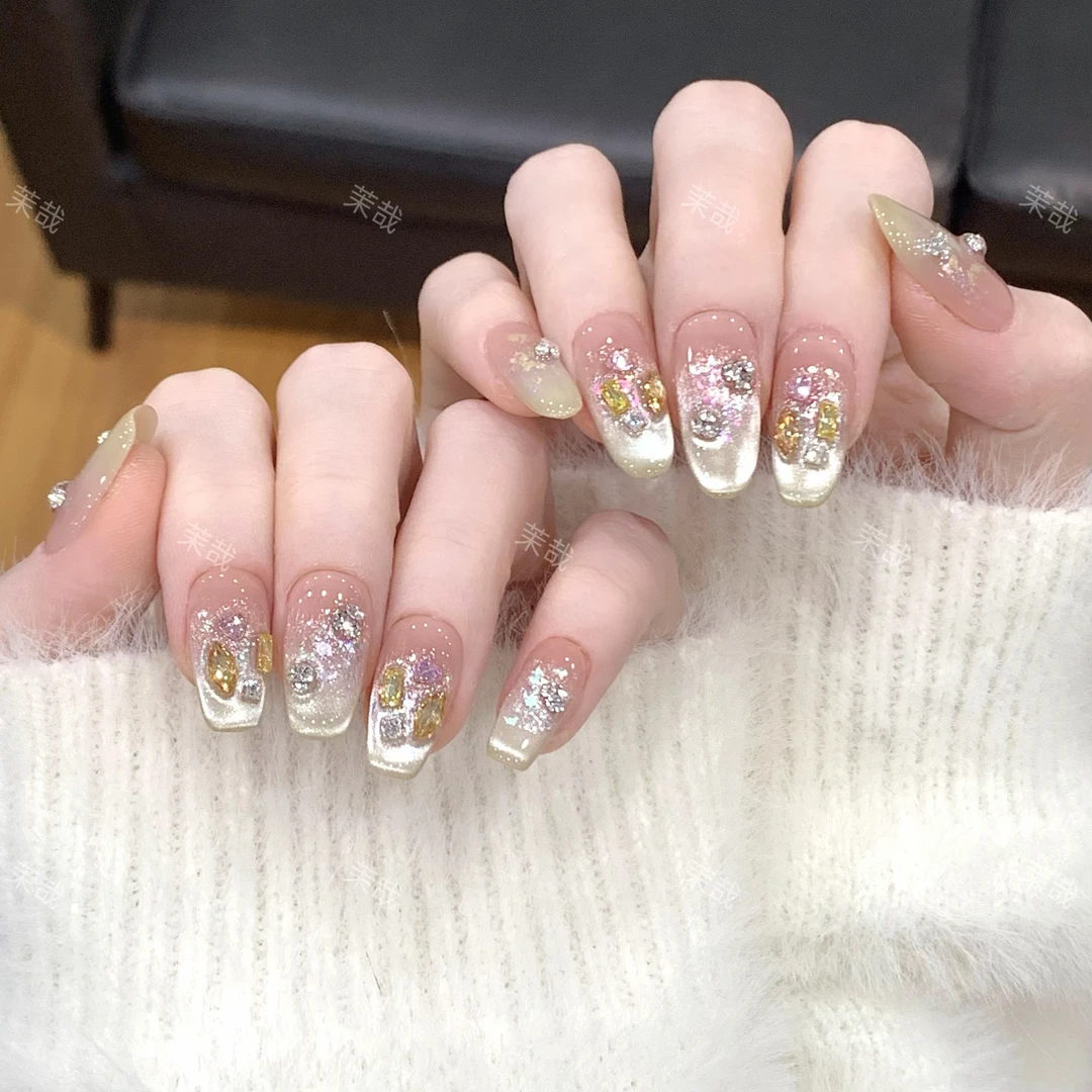 茉哉I现货【粉漾鎏金】纯手工定制美甲拆卸穿戴甲A3969