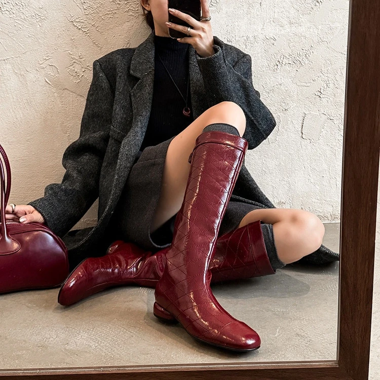时尚真皮粗跟时装靴时尚高筒靴长筒女鞋秋冬圆头高跟不过膝骑士靴