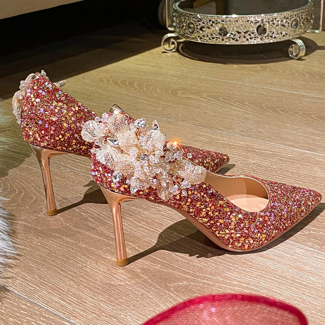 闪闪绝美婚鞋女2025新款法式细跟中式新娘鞋红色高跟鞋秀禾服婚鞋