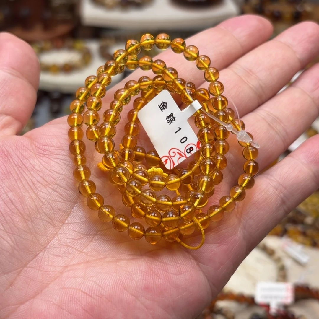 琥珀未镶嵌手链金棕108卡5