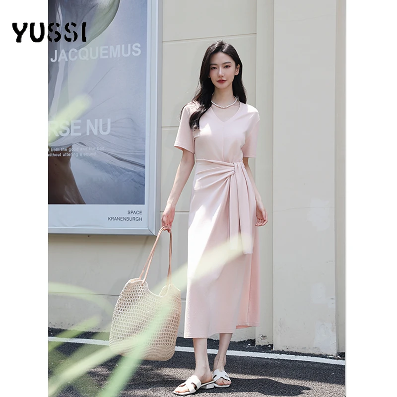 YUSSI【另一种优雅】 法式系带收腰显瘦天丝连衣裙夏季纯色百搭长裙