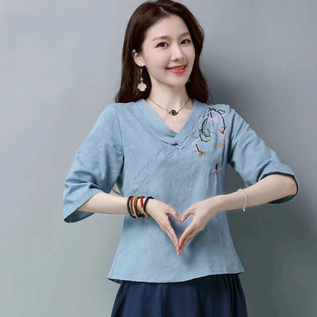 【当天发+退换包邮】夏季新款女装V领斜襟复古盘扣五分袖t恤女432