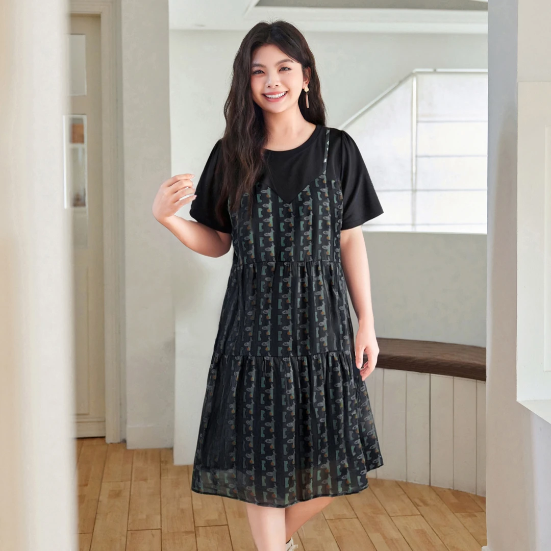 【假两件拼接雪纺印花连衣裙】MsShe大码女装夏装宽松短袖F2504016