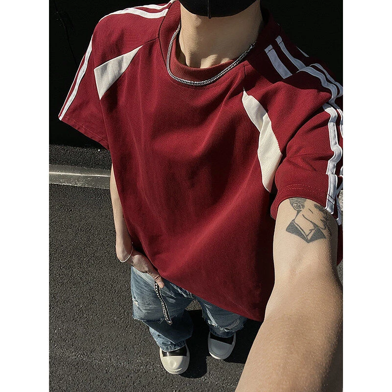 新款夏季拼接短袖撞色圆领条纹T恤复古ins美式休闲宽松潮流韩版