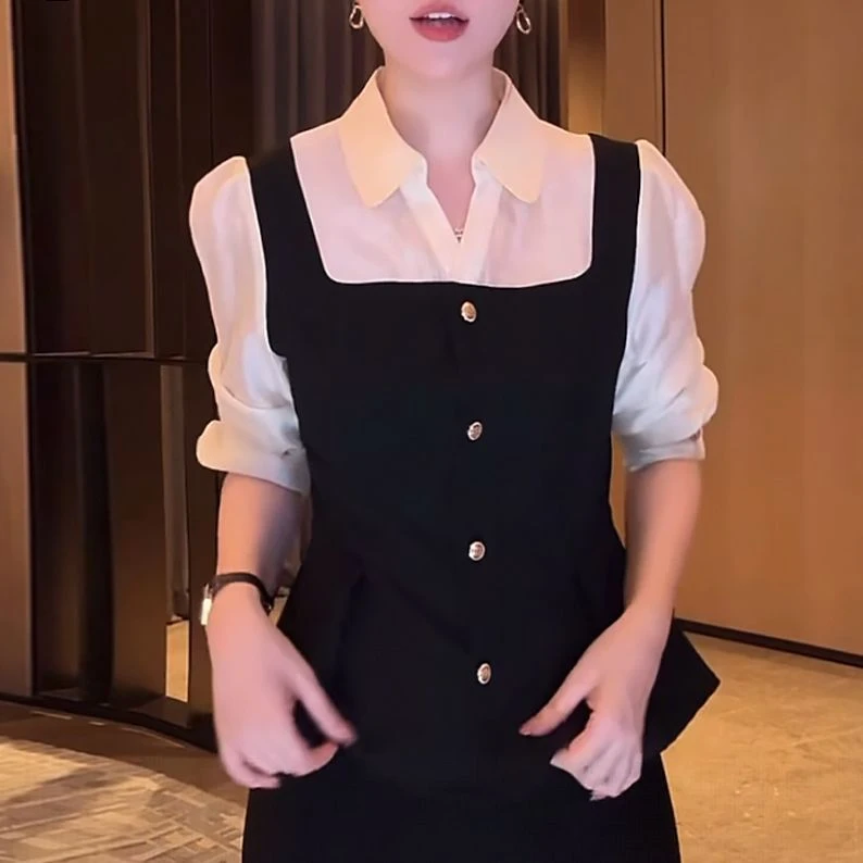 法式撞色衬衫女2025秋季新款高级感气质减龄休闲翻领收腰显瘦上衣