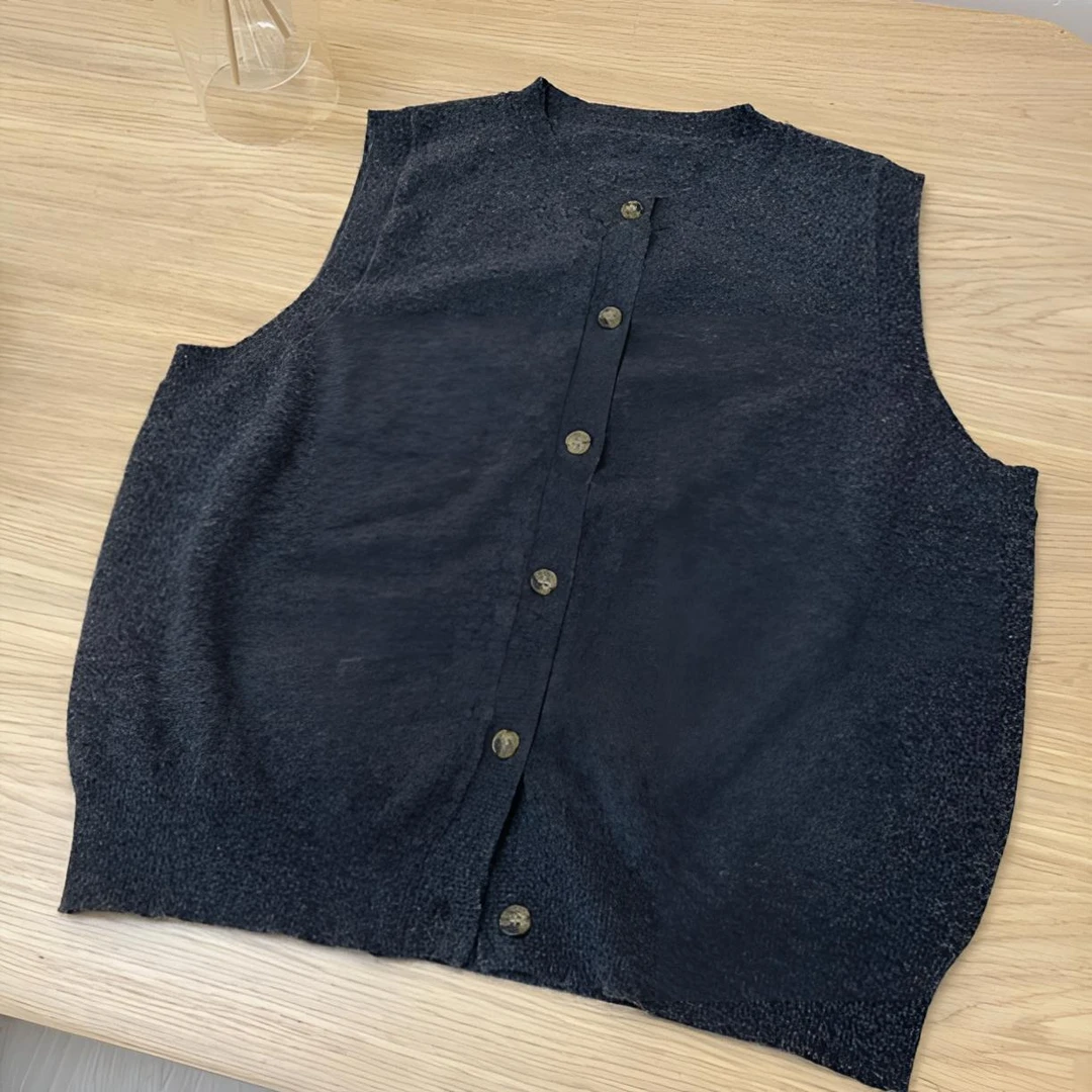 LK007MIU式智性女绅士100%纯羊毛针织开衫马甲女春秋叠穿灰色背心