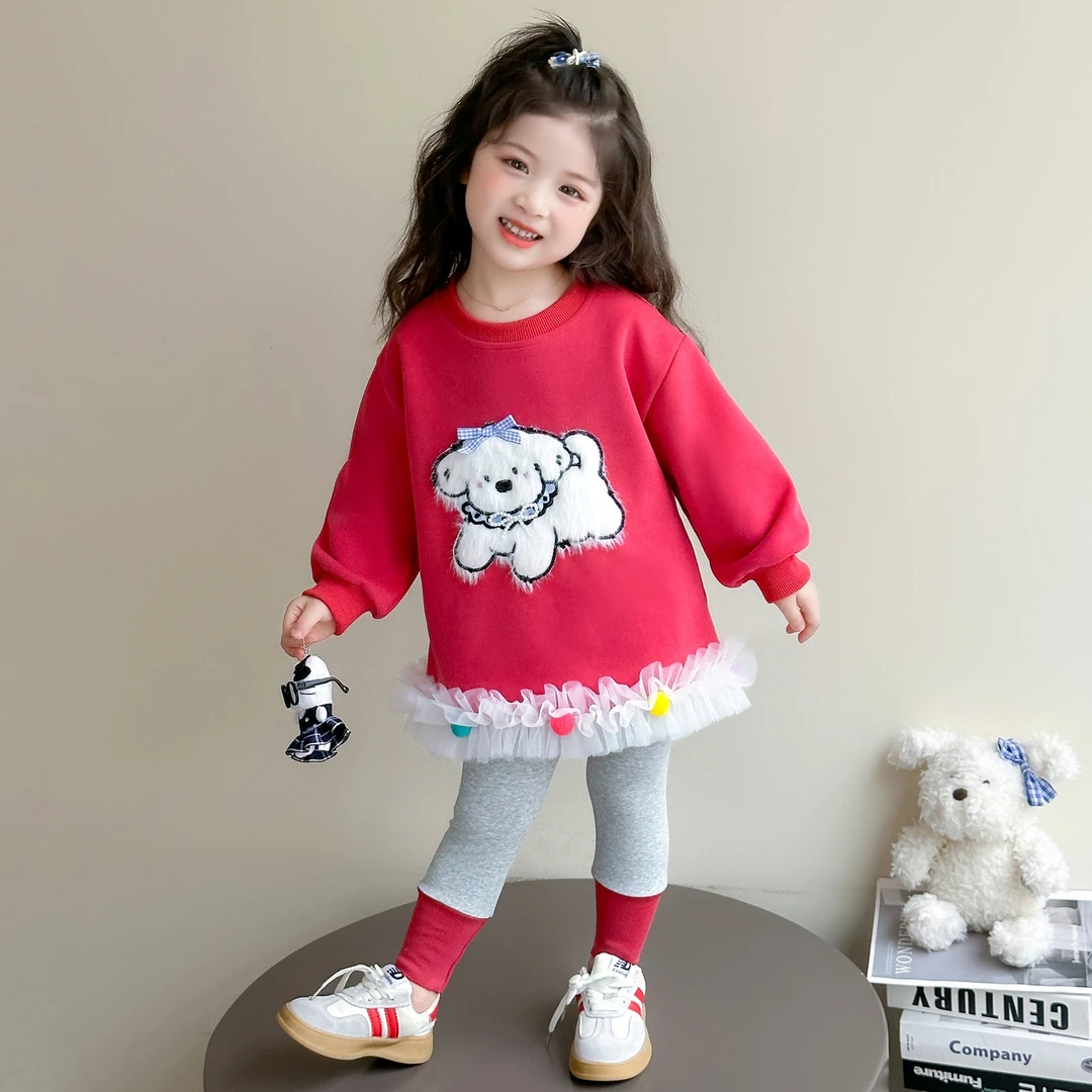 女童卡通网纱卫衣裙套装洋气儿童春秋新款女宝宝打底裤两件套女孩