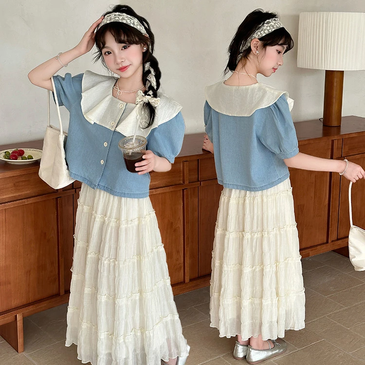 女童甜美气质夏季娃娃领儿童短袖女孩裙子套装2025中大童5-15岁潮