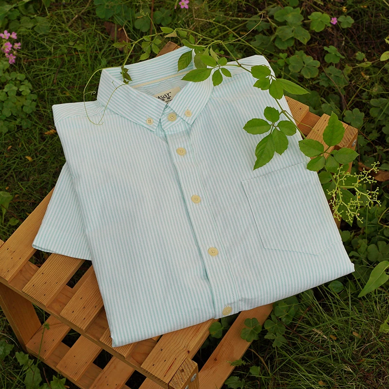 巴司司衬衫薄荷绿条衬衫短袖纯棉百搭休闲半袖竖条衬衣724