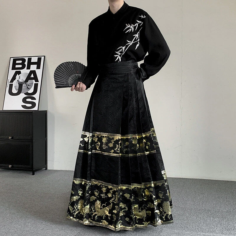 新中式男装马面裙黑金男女高级感潮牌宽松休闲中国风汉服百褶裙潮