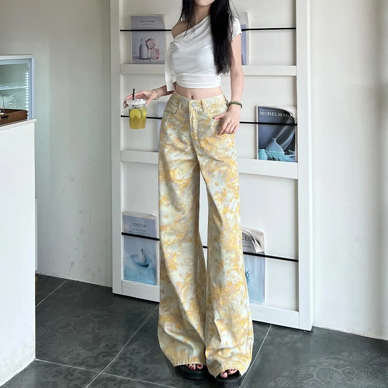 夏季复古洋气扎染印花阔腿牛仔裤女2025新款高腰休闲直通拖地长裤