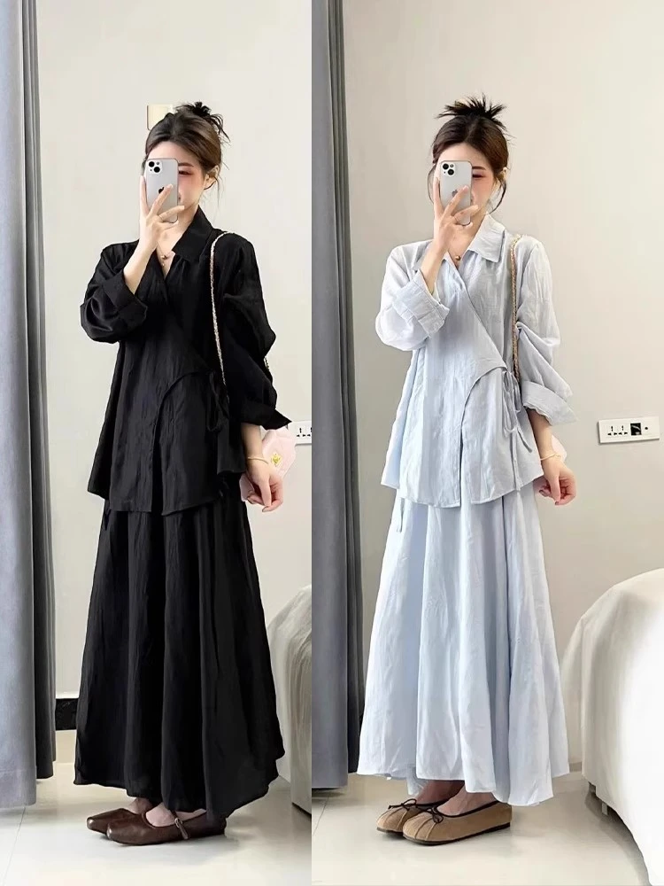 2025秋季新款国风气质衬衫上衣高腰休闲半身裙时尚新中式两件套女
