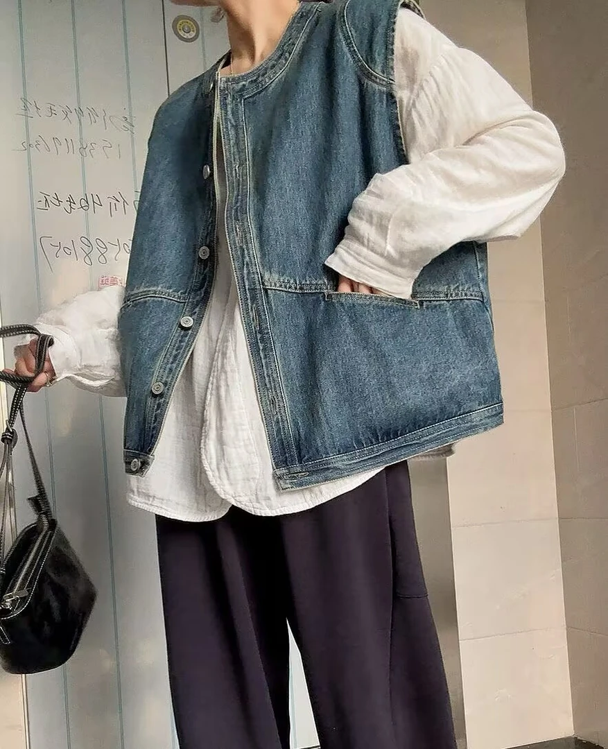 2025秋季新款高端不褪色休闲宽松百搭牛仔蓝马甲牛仔马甲女款