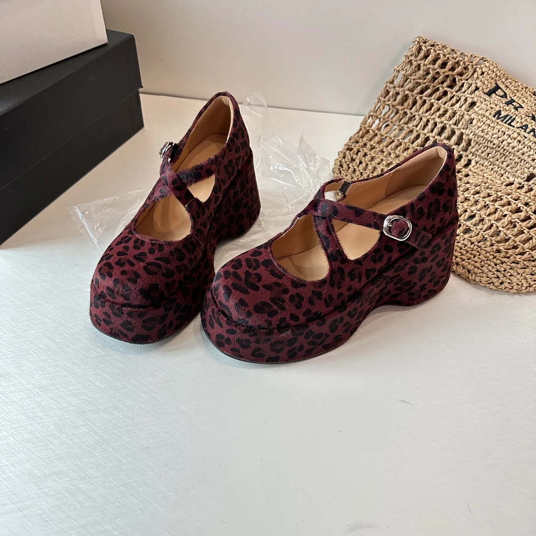 25春款厚底松糕玛丽珍豹纹马毛增高8cm真皮交叉带芭蕾舞风单鞋