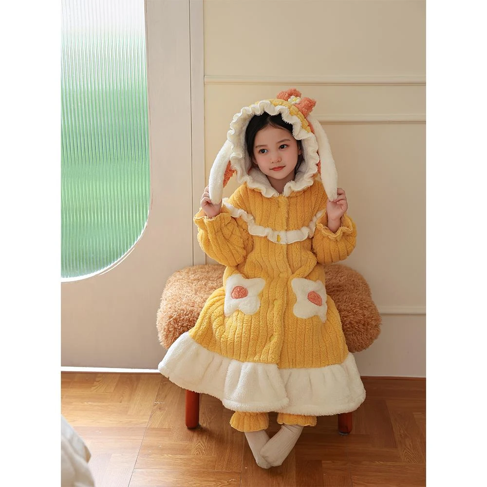 儿童睡衣冬款加厚款新款女童法兰绒保暖睡袍中大童亲子珊瑚绒套装