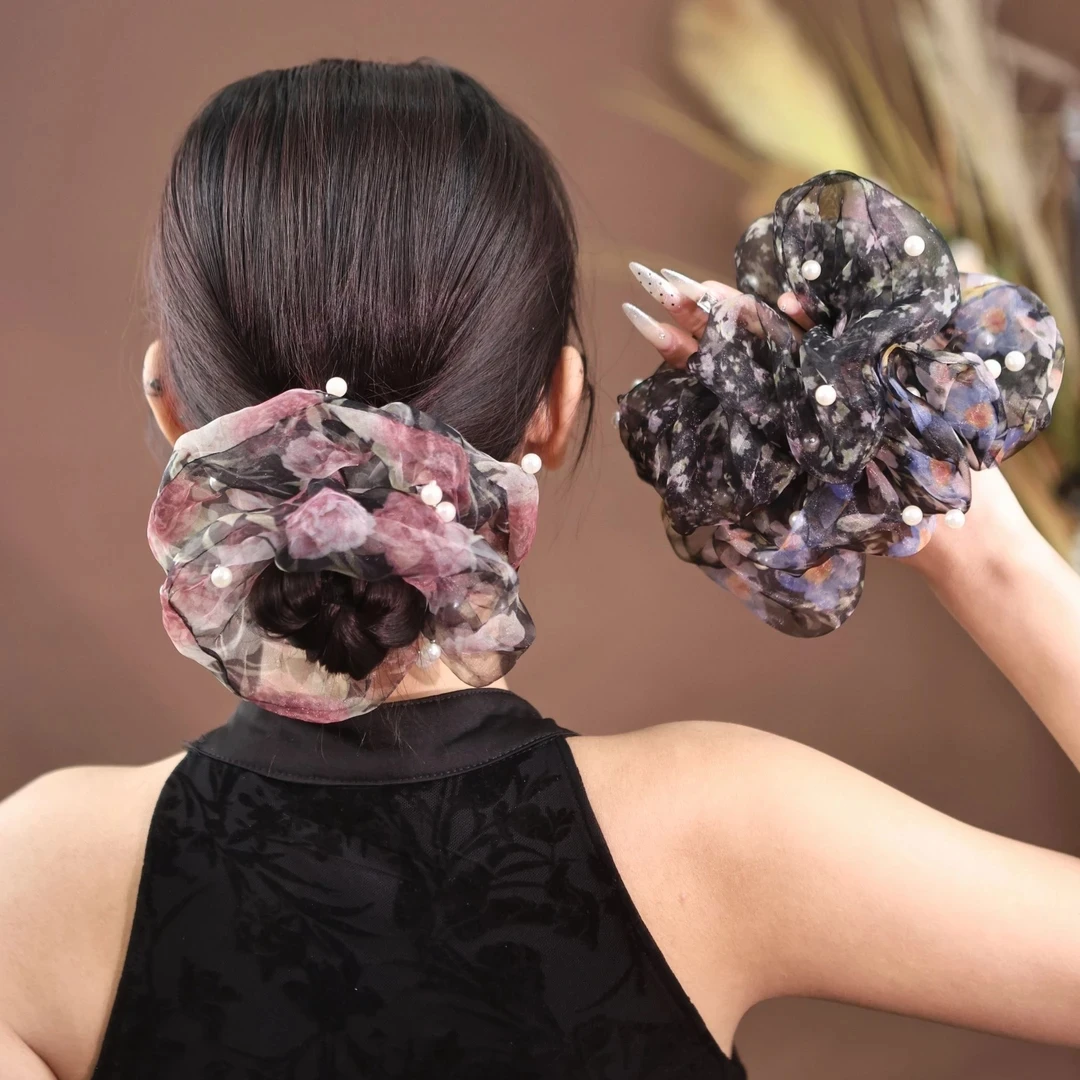 新款波点碎花高弹力珍珠大肠发圈女时尚优雅气质马尾扎头发不伤发