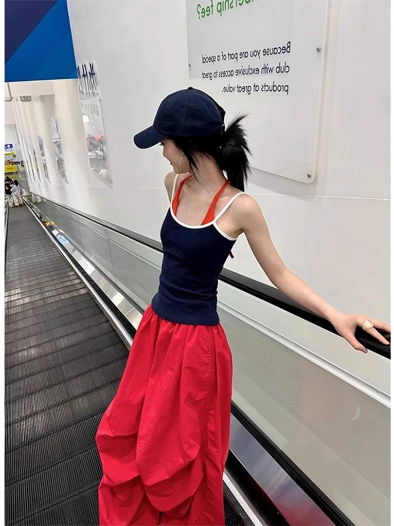 夏季套装女辣妹风挂脖显瘦撞色性感无袖假两件上衣阔腿时尚休闲裤